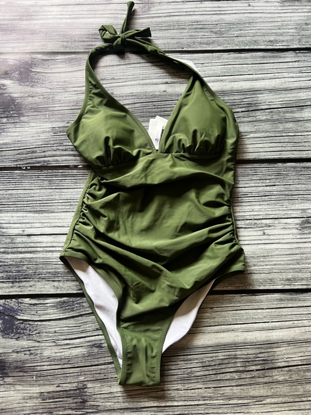 Cupshe Olive Green Ruched Halter One-Piece Swimsuit